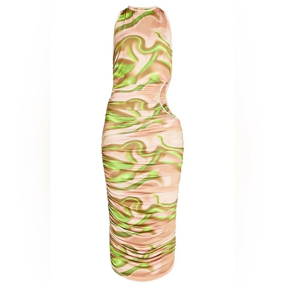 Green Printed Ruched Cut Out Midi Dress - Picture 2 of 4